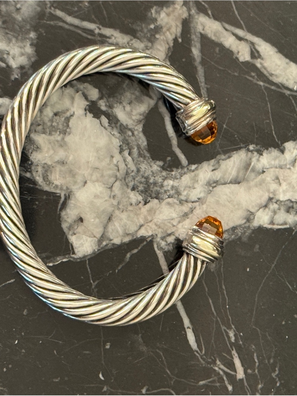 David Yurman Silver Cable Cuff Bracelet with Yellow-Gold Gem Tips